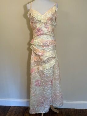 Floral Ruffle Maxi Dress Lace Overlay Romantic Cottagecore Princess Style